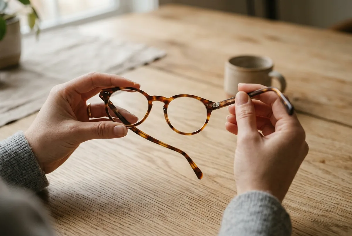 Hands unfolding the temple arm of a pair of tortoiseshell eyeglasses over a wooden table