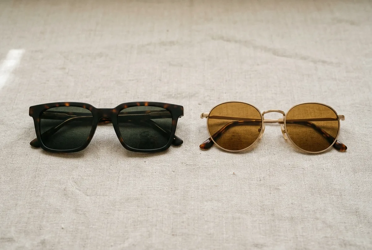 A squared angular pair of sunglasses beside a soft round pair on pale linen, seen from above